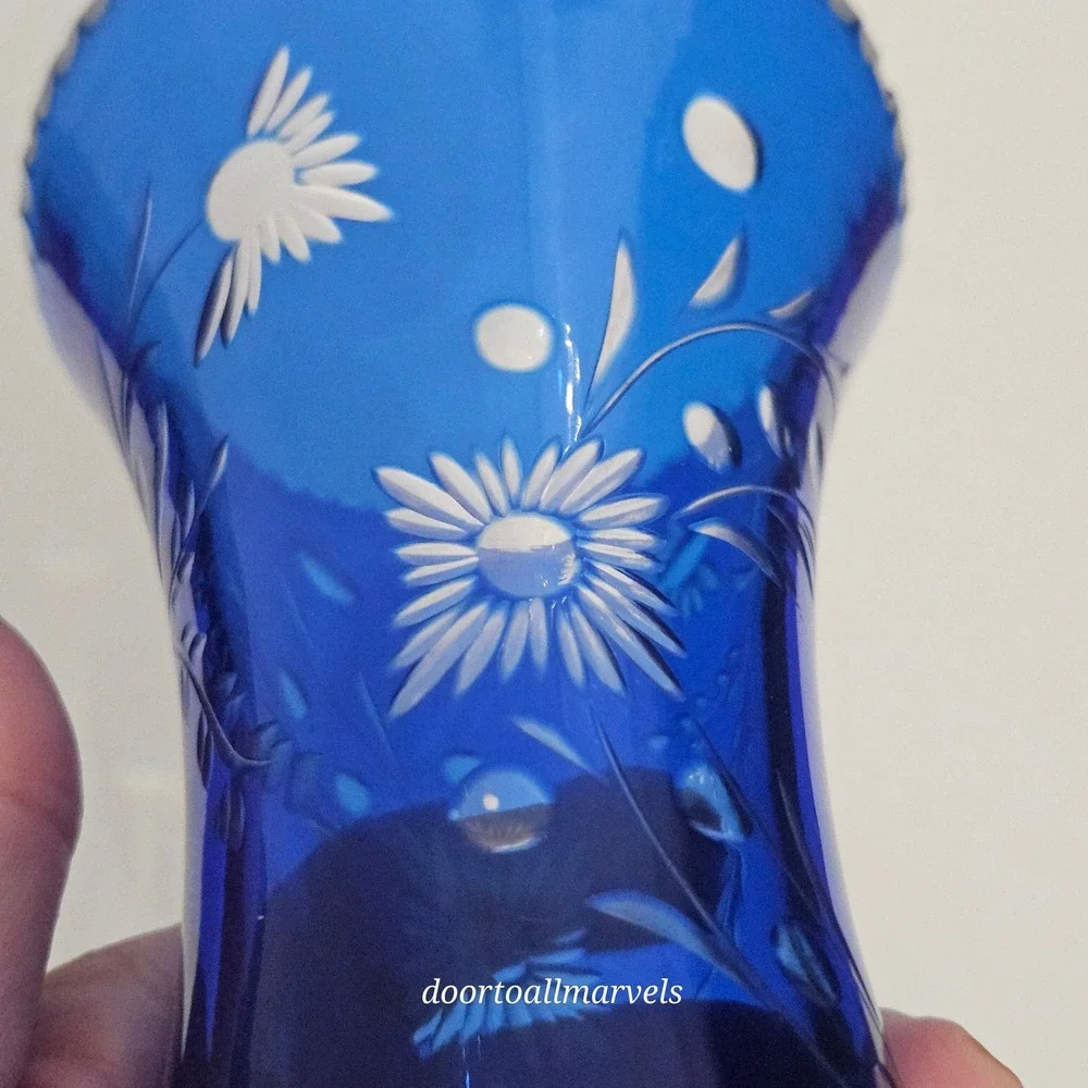 VTG Val St Lambert Footed Vase Cobalt Blue Cut-to-Clear Crystal Europe Art Deco